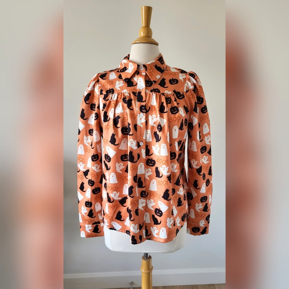 Romwe halloween blouse SMALL orange with pumpkins, ghost and cats